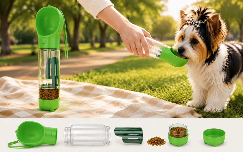 3-in-1 Portable Dog Water Bottle and Food Dispenser