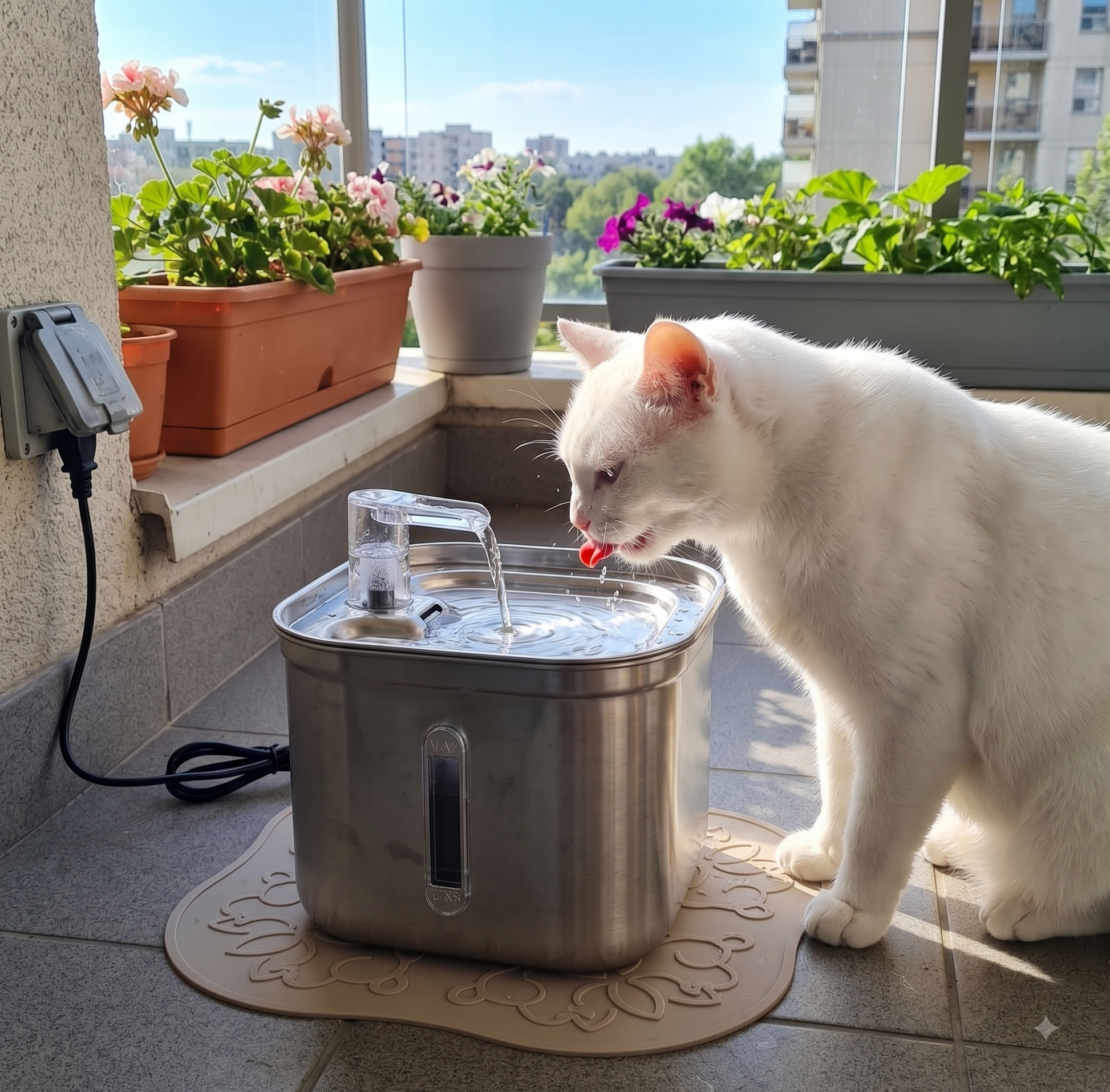 Stainless Steel Pet Water Fountain White Cats